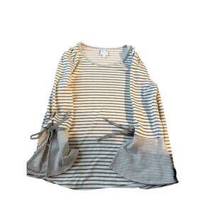 Sunday Womens Large Grey White Striped Long Sleeve Tie Bell Sleeve Crew Neck Top